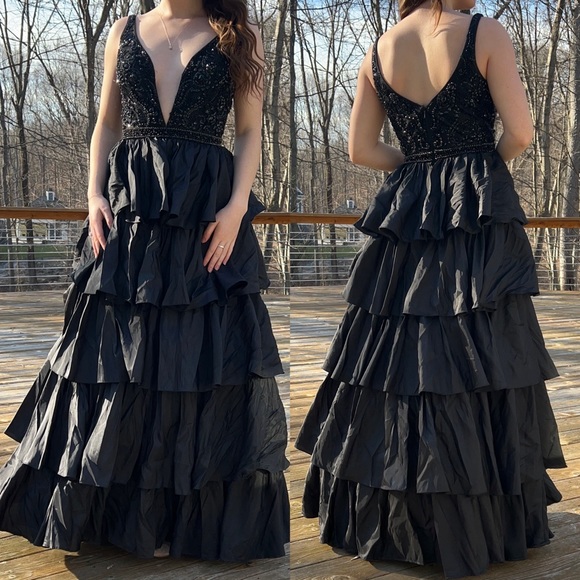 Sherri Hill Black Beaded Ruffle Tiered Prom Dress - Picture 4 of 14